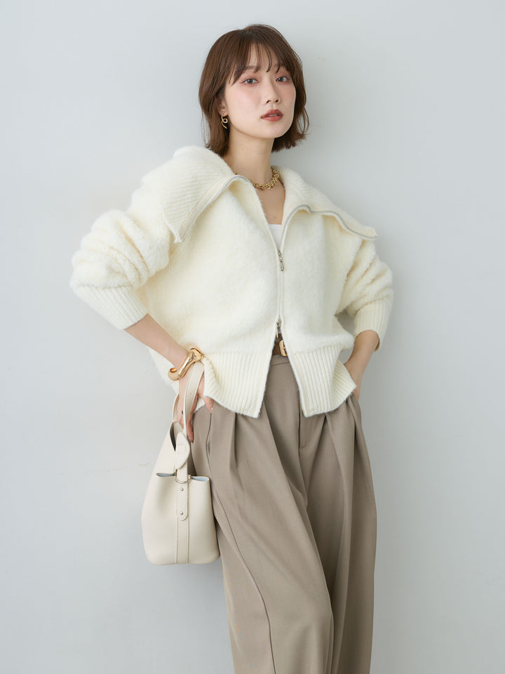 [SET]ビッグカラーシャギーニットブルゾン+ツイルタックワイドパンツ(2set)