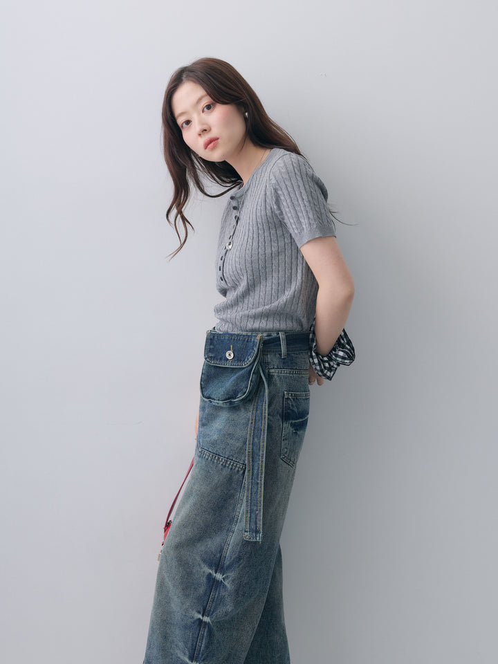 [予約]ヘンリーケーブルハーフニットトップス/gray
