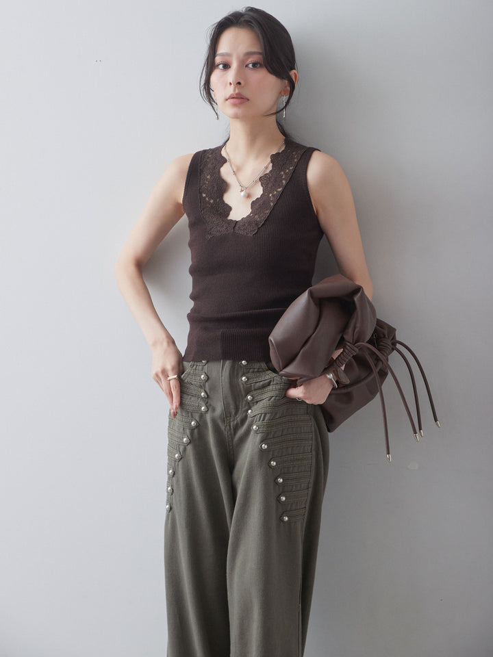 [予約]レースディテールリブニットタンクトップ/brown