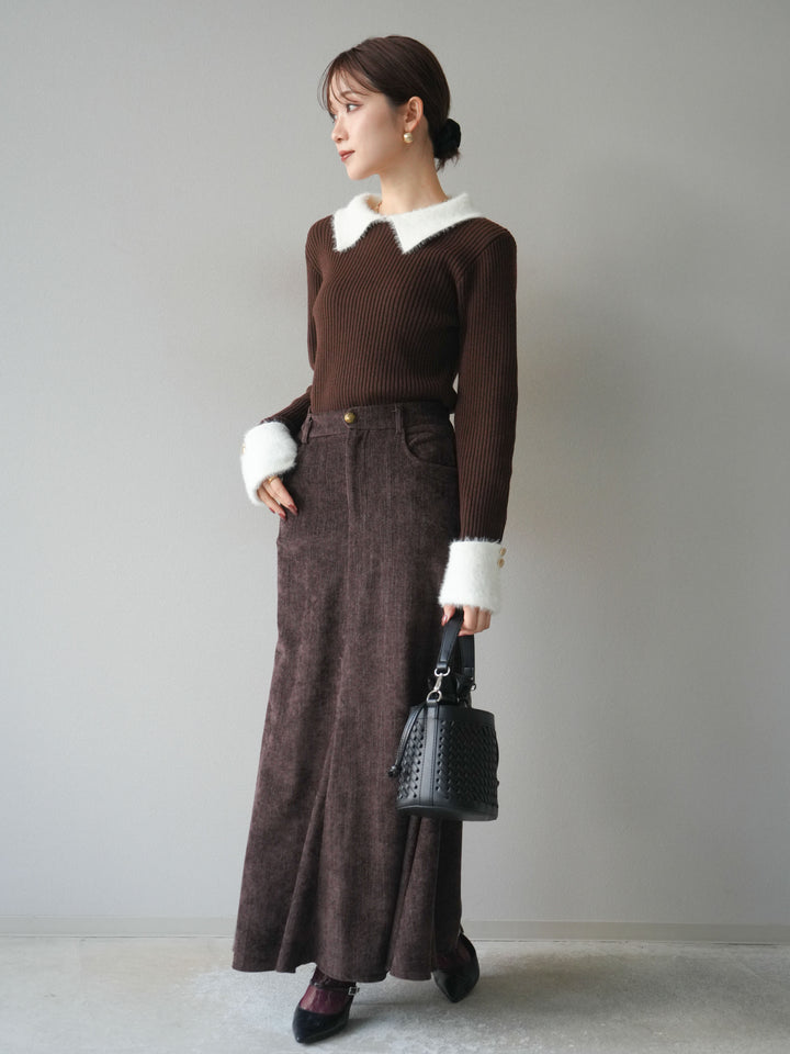 [SET]シャギー襟リブニットトップス+ベルベットマーメイドスカート(2set)