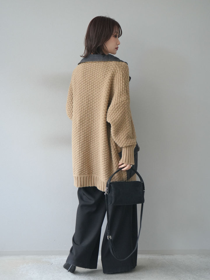 [SET]デニム襟レイヤードニットジャケット+ベルトループデザインワイドパンツ(2set)