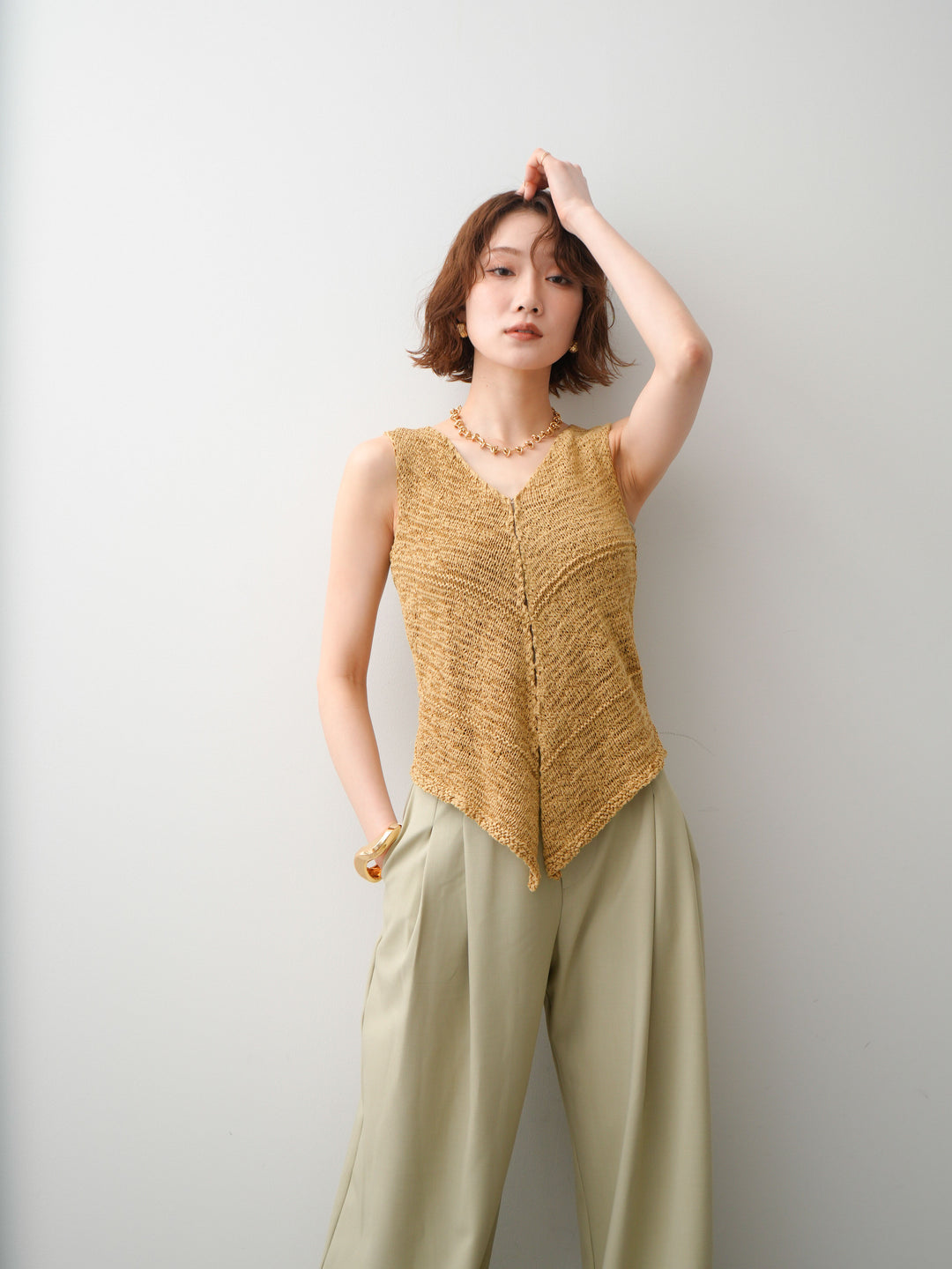 [SET]テープヤーンVネックニットトップス+アシンメトリーベルトタックワイドパンツ(2set)