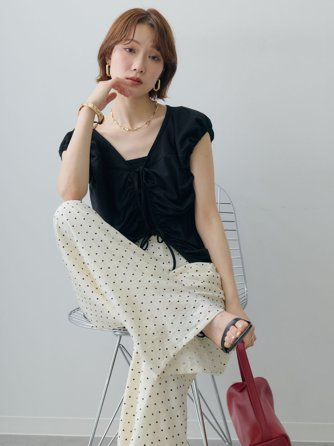 [SET]フレンチスリーブフロントリボンギャザートップス+フレンチスリーブフロントリボンギャザートップス(2set)