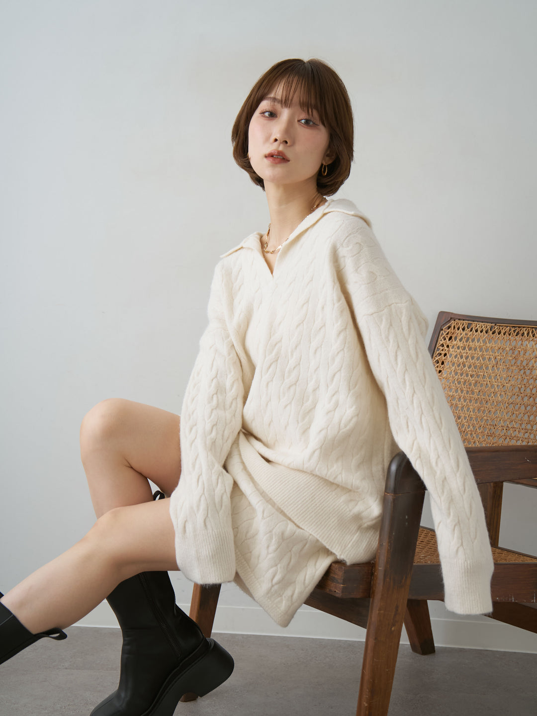 [SET]ケーブルスキッパーニットトップス＆ニットショートパンツSET UP(2SET)