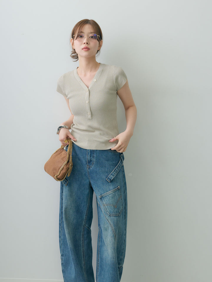 [予約]ネックレイヤードヘンリーVネックリブニットトップス/beige