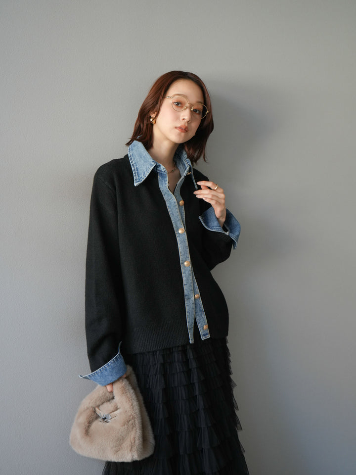 [予約]デニム襟ボタンニットカーディガン/black