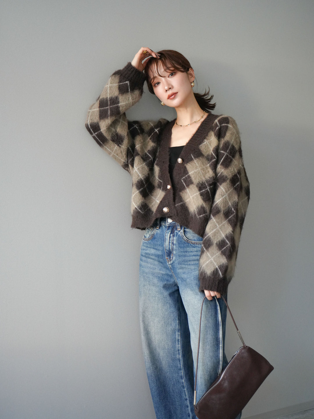 [予約]アーガイルシャギーニットカーディガン/brown