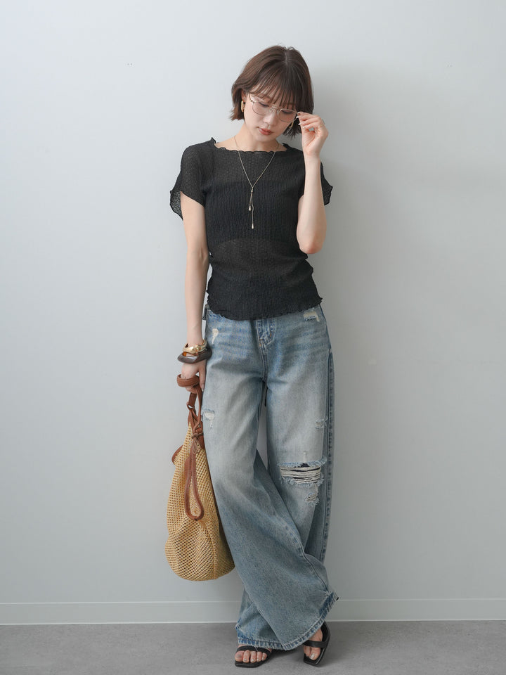 [SET]シャーリングシアーバックオープンフレンチトップス+ダメージデニムセミワイドパンツ(2set)