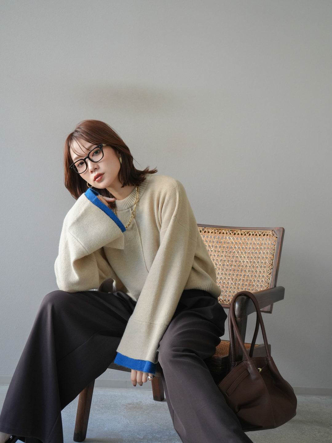 [予約]袖レイヤード配色ニットプルオーバー/ivory