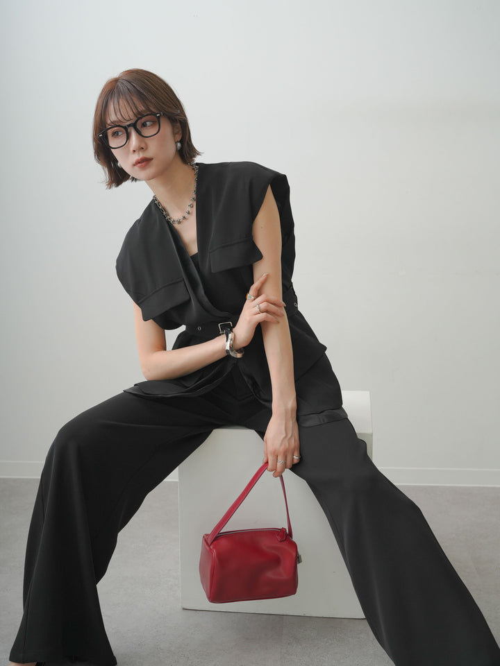 【套裝】緞面飾邊腰帶背心和垂褶褲套裝（2套）+緞面飾邊腰帶背心和垂褶褲套裝（2套）（2套）