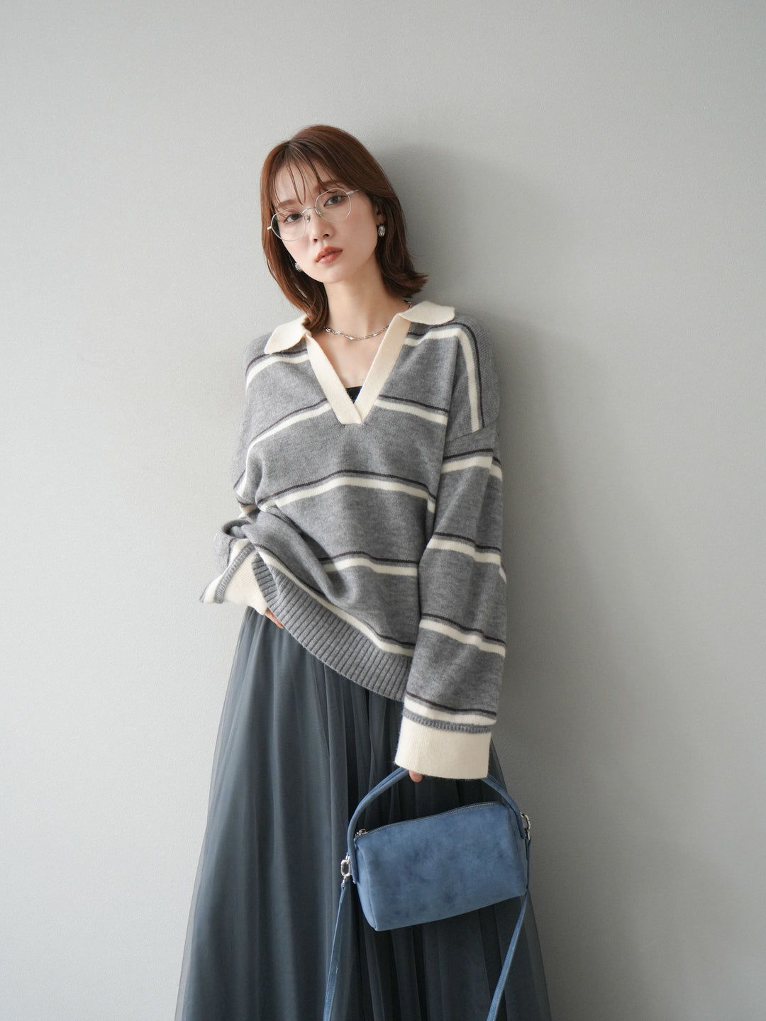 [SET]ポロ襟スキッパーボーダーニットプルオーバー+チュールボリュームスカート(2set)