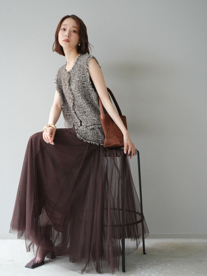 [予約]ミックスツイードフリンジニットベスト/ブラウン