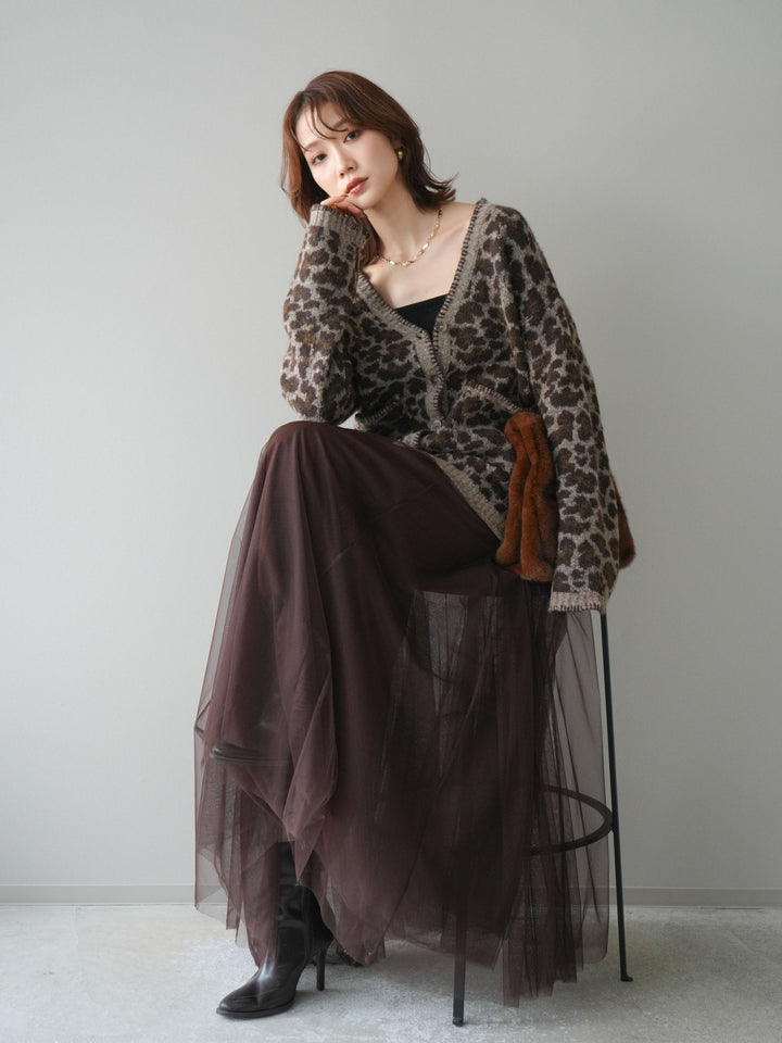 [予約]アニマル柄ステッチニットカーディガン/khaki