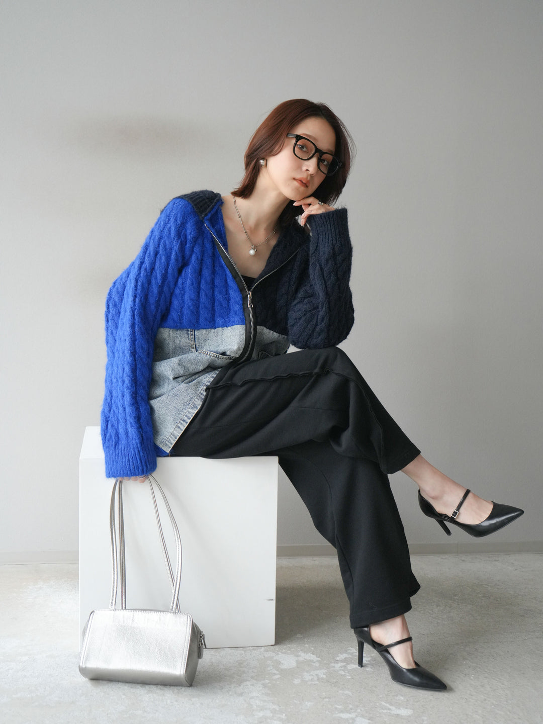 [予約]デニム×バイカラーニットZIPフーディ/blue