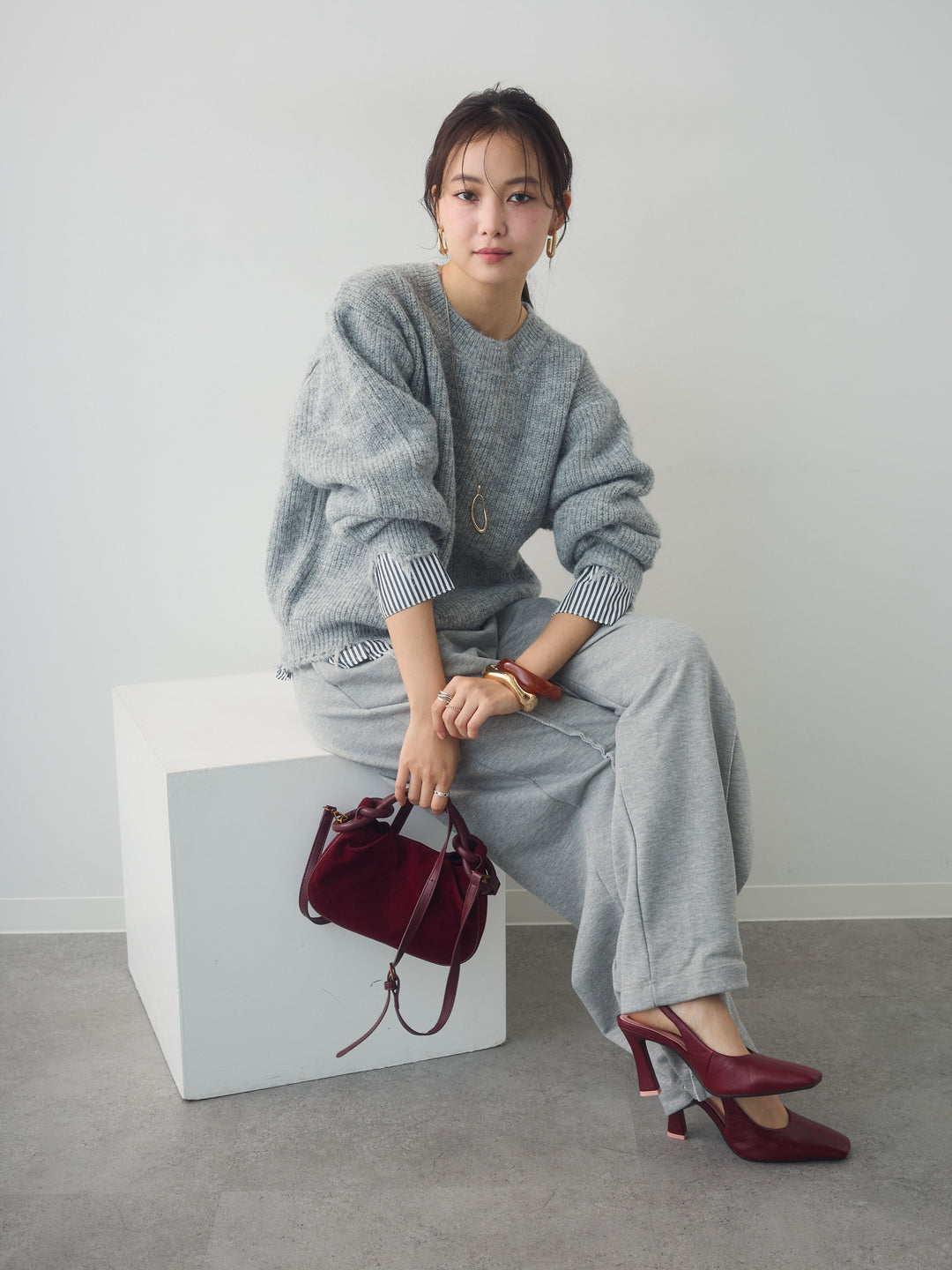 [SET]シャツレイヤードデザインモヘアプルオーバー+2WAYデザインスウェットパンツ(2set)