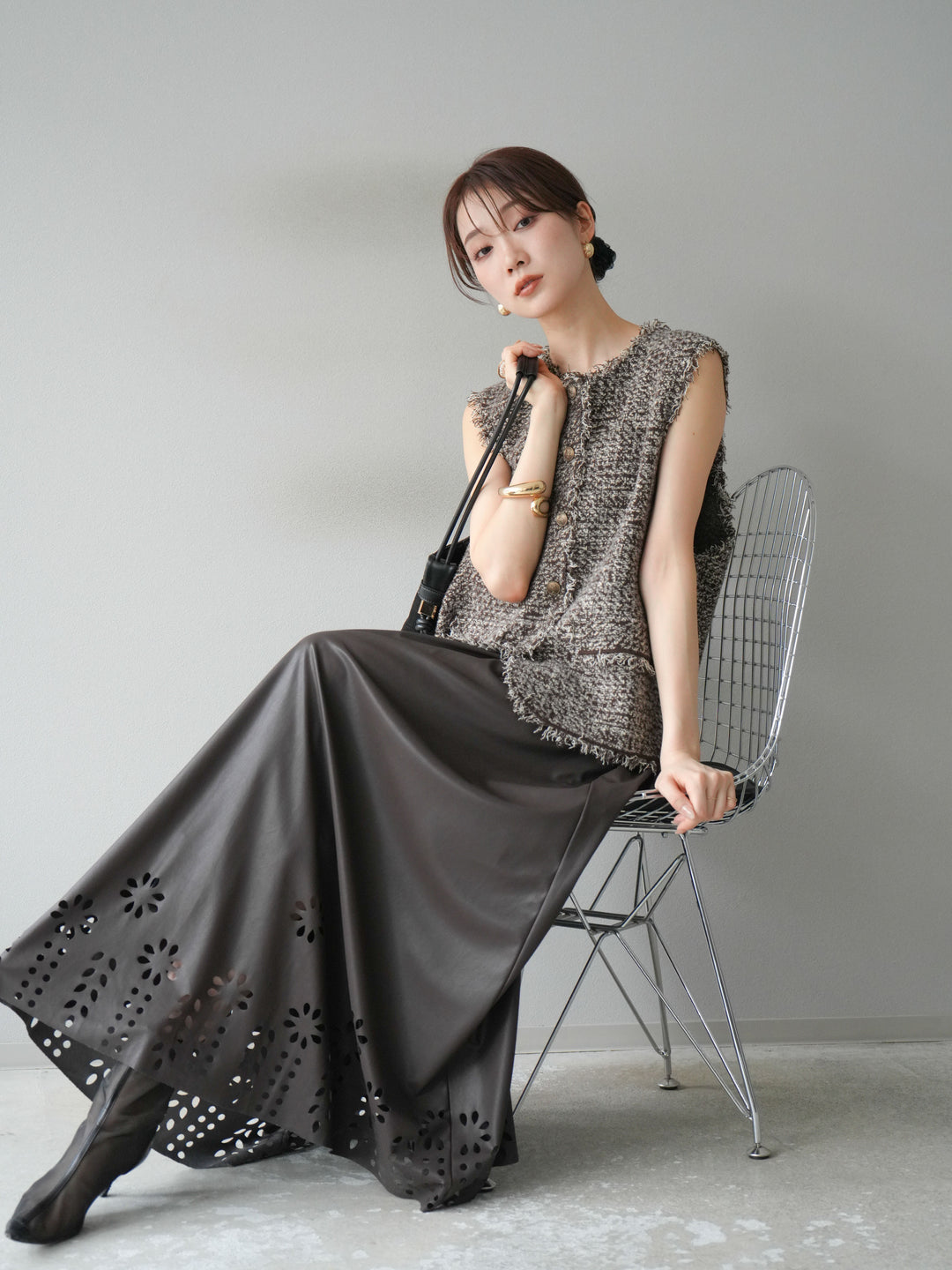 [予約]ミックスツイードフリンジニットベスト/ブラウン