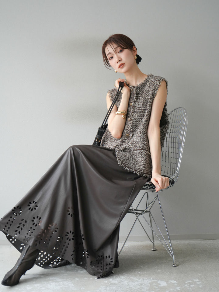 [予約]ミックスツイードフリンジニットベスト/ブラウン