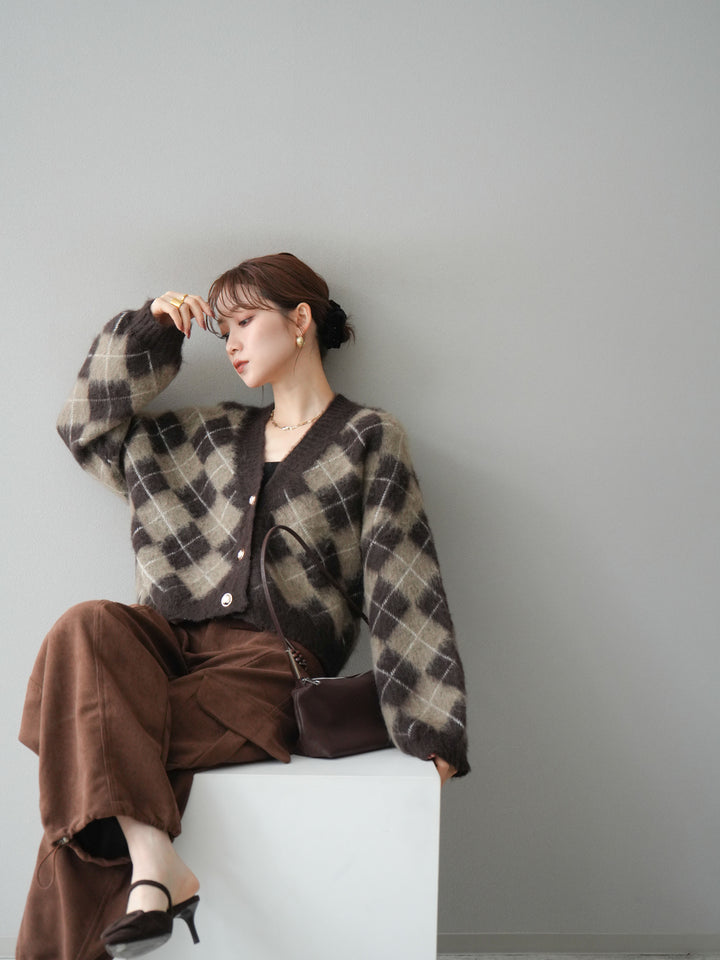 [予約]アーガイルシャギーニットカーディガン/brown