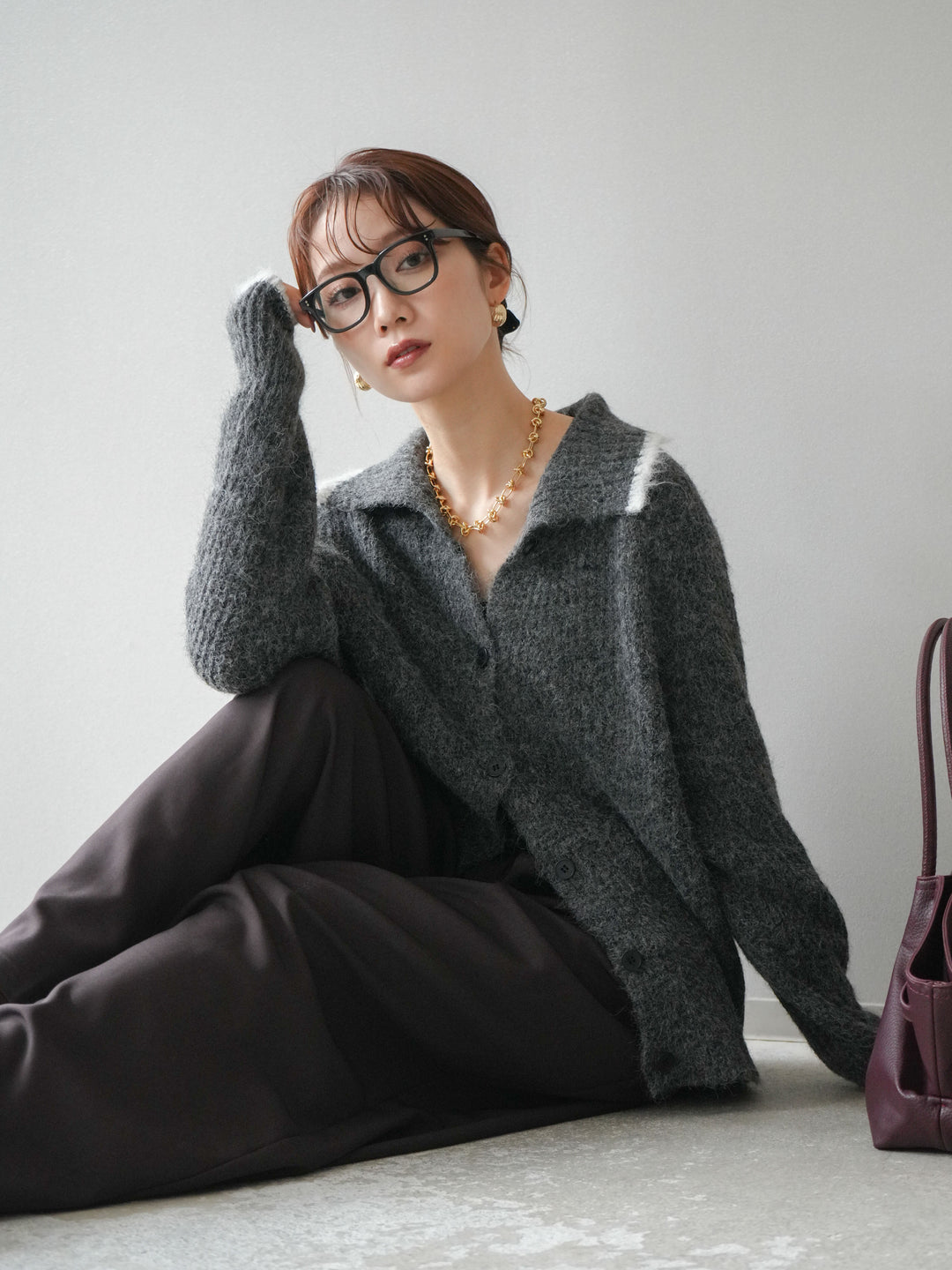 [予約]襟付きバイカラーミックスニットカーディガン/gray