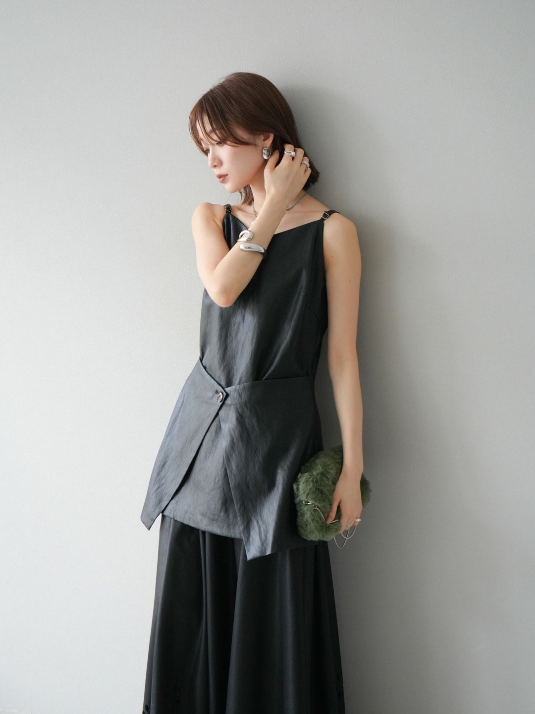 [予約]レイヤードレザーキャミソールチュニック/ブラック