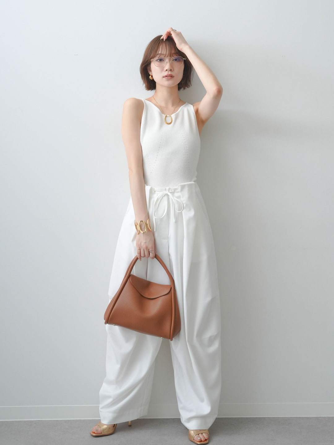 [SET]バックスリットニットタンクトップ+ベルトループカーブタックワイドパンツ(2set)