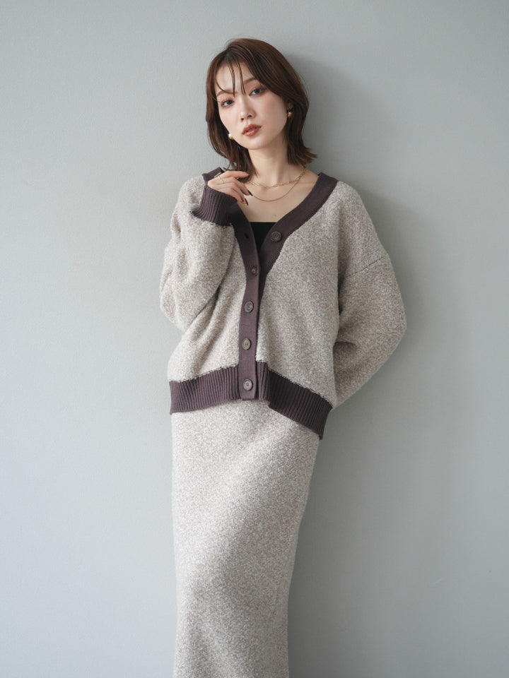 [SET]ブークレバイカラーニットカーディガン+ブークレバイカラータイトニットスカート(2set)