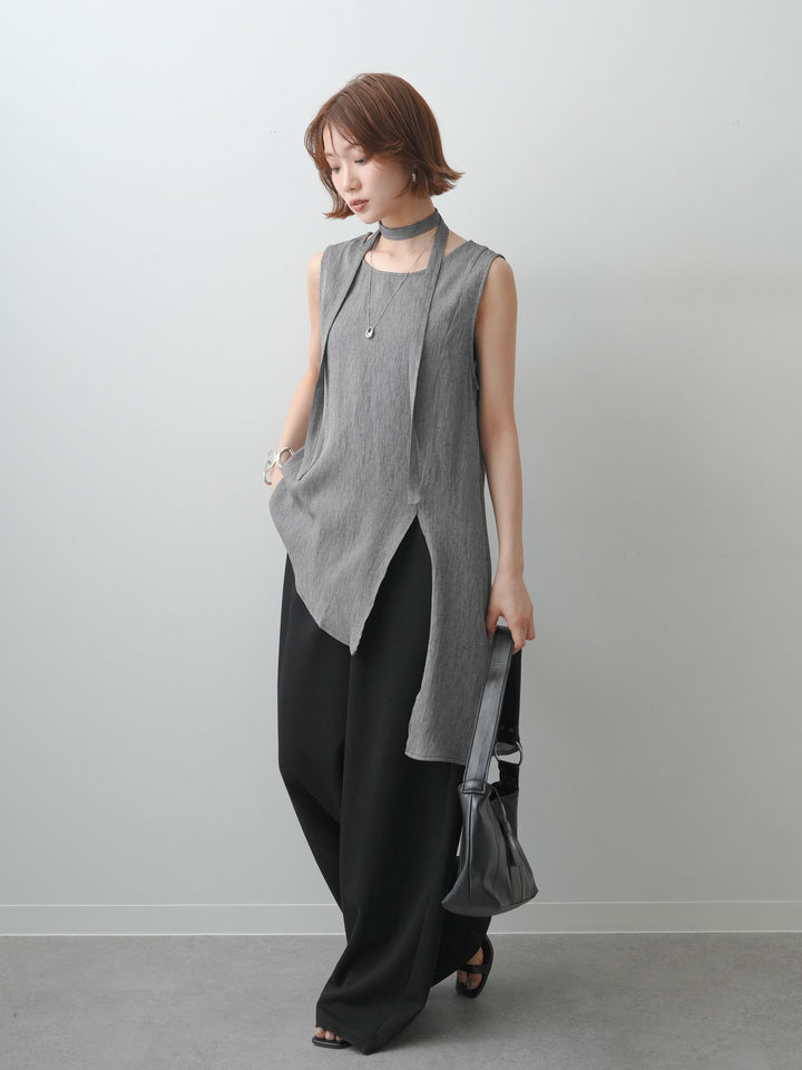 [SET]タイ付アシメヘムノースリトップス+リラックスドレープスウェットパンツ(2set)