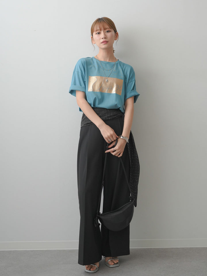 [SET]箔プリントボックスTEE+ビジューベルトタックワイドパンツ(2set)