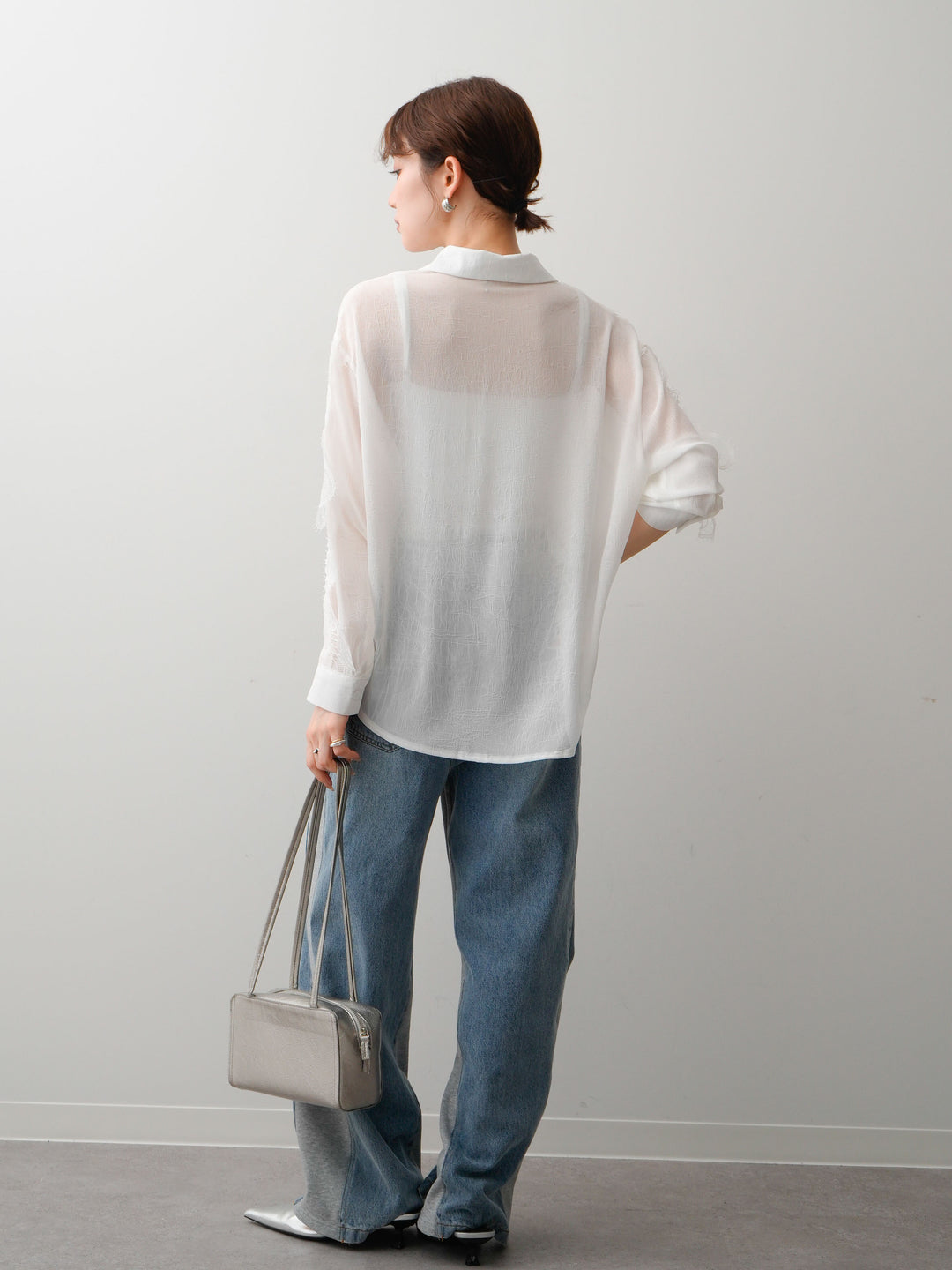 [SET]レースデザインドレープオーバーシャツ+デニム切替スウェットパンツ(2set)