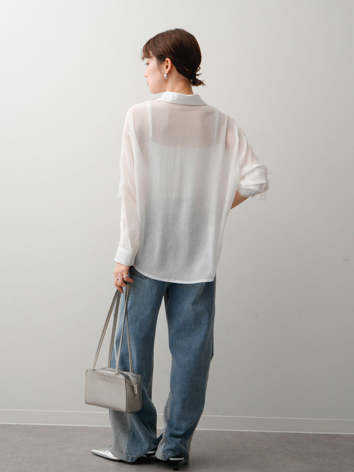 [SET]レースデザインドレープオーバーシャツ+デニム切替スウェットパンツ(2set)