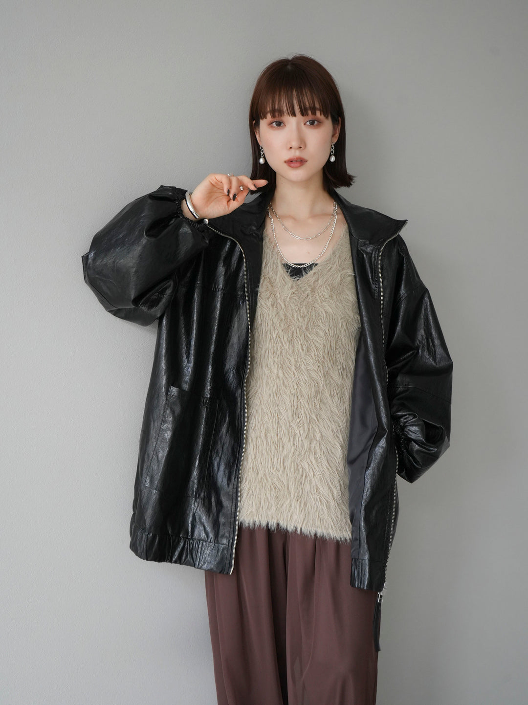 [予約]フェイクレザーオーバーブルゾン/ブラック