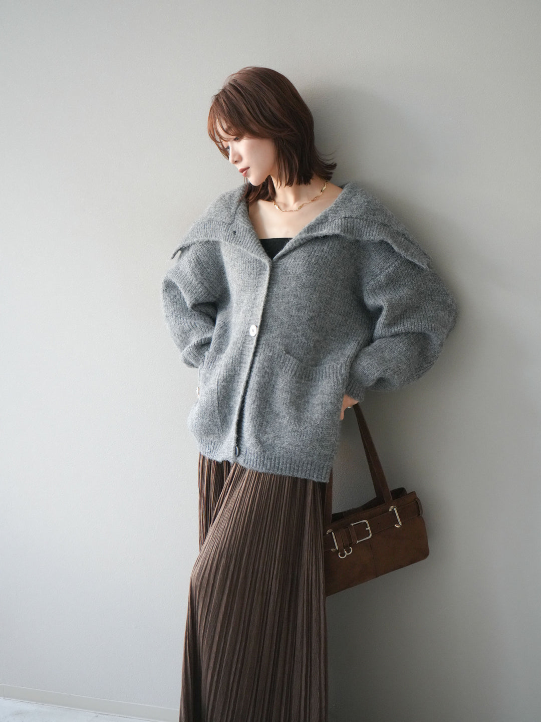 [予約]襟付きボタンオーバーニットカーディガン/gray