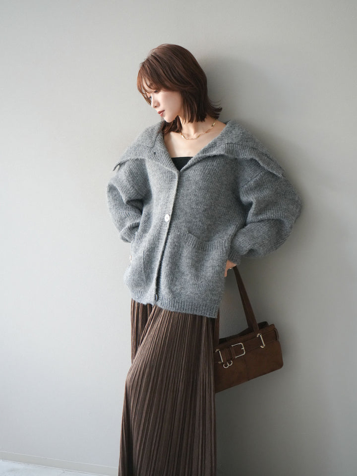 [予約]襟付きボタンオーバーニットカーディガン/gray