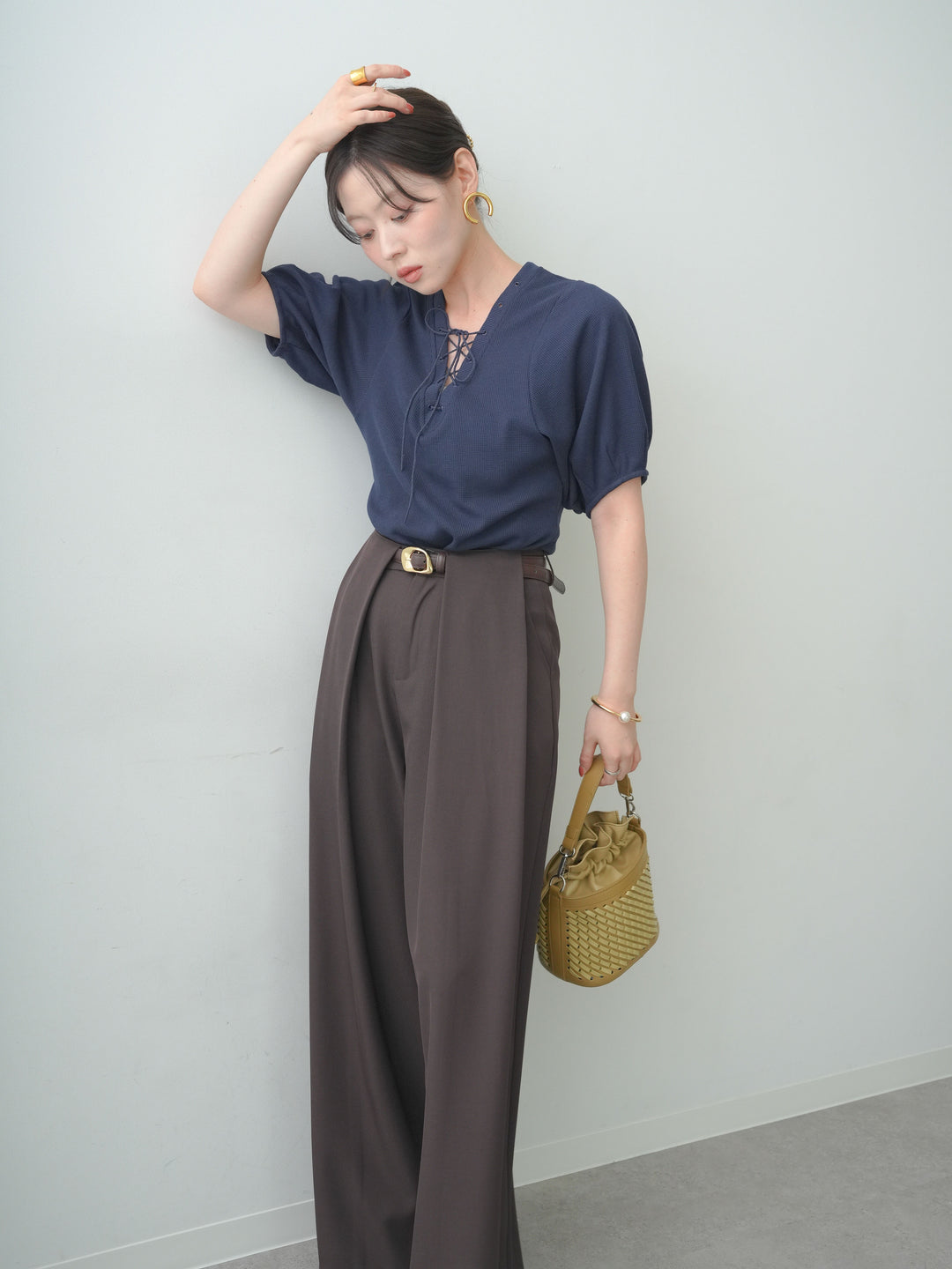 [予約]レースアップワッフルハーフトップス/navy