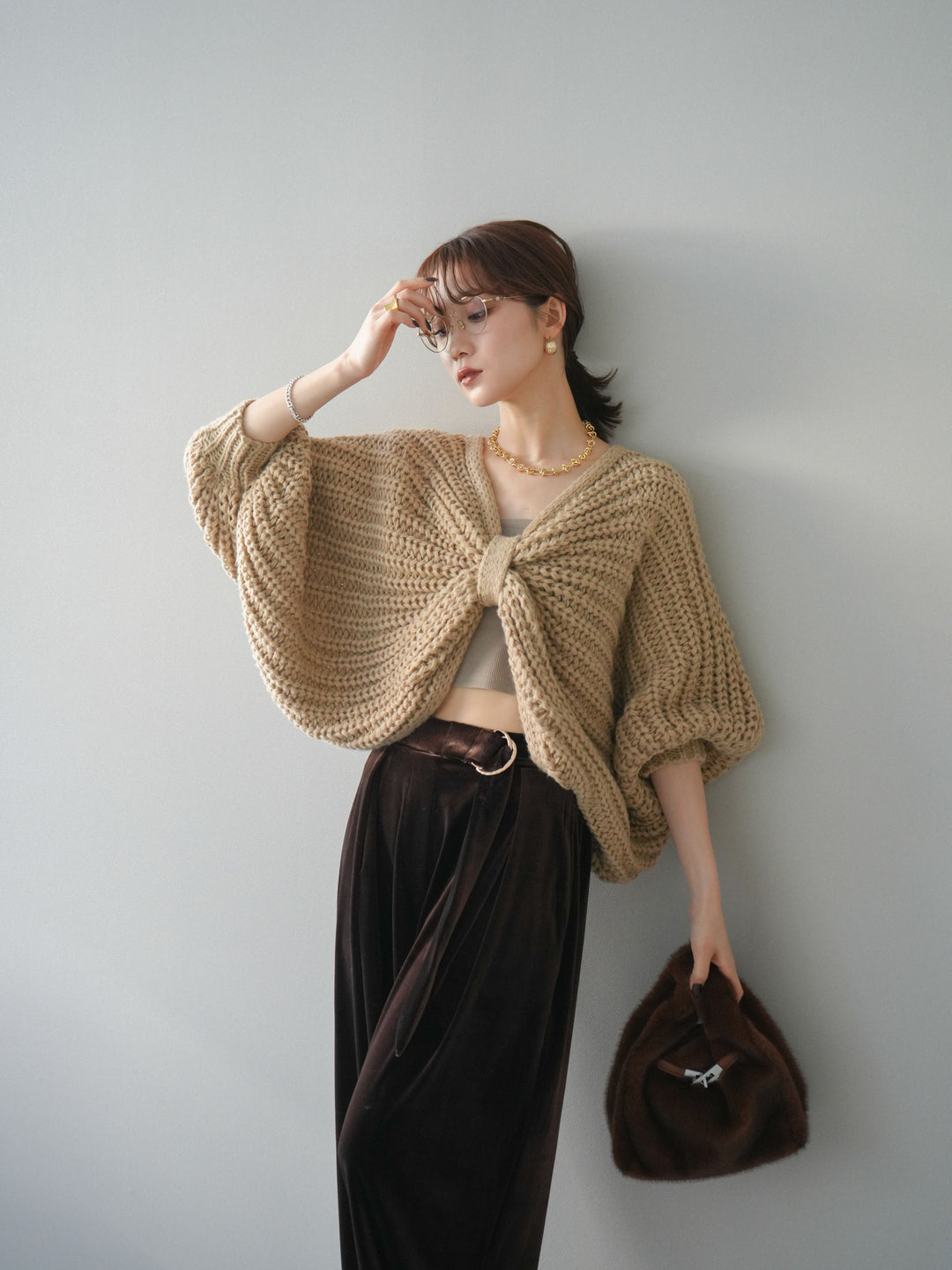 [SET]ローゲージ畦編みドルマンニットボレロ+ベロアベルトスリムパンツ(2set)