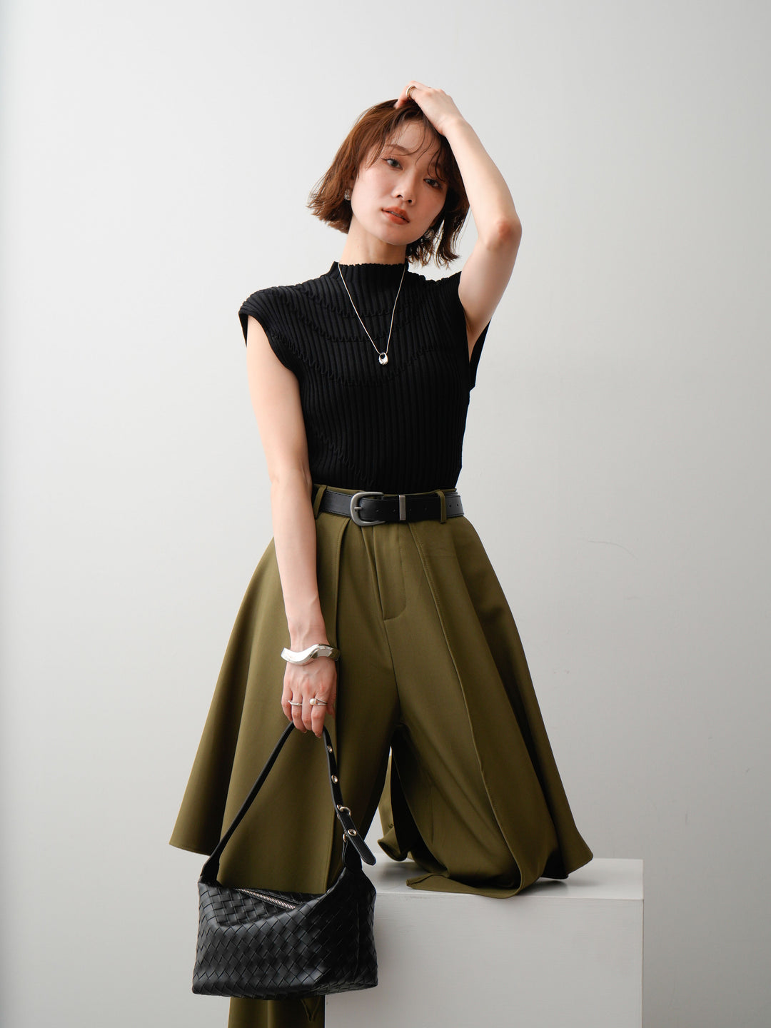 [予約]モードラインリブフレンチニットトップス/black