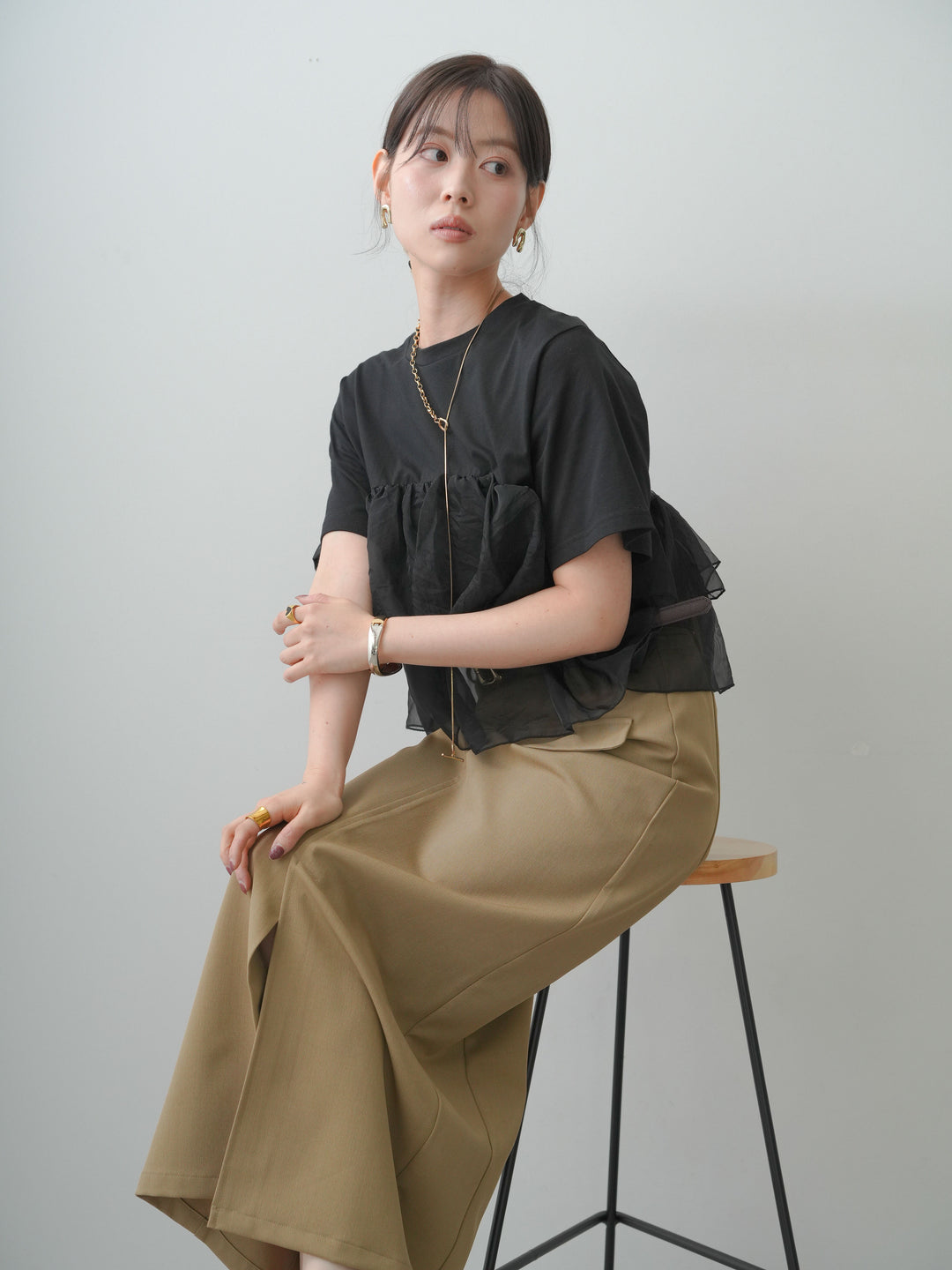 [SET]オーガンジーフリルドッキングTEE+クレープデシンフラップ付きストレートスカート(2set)