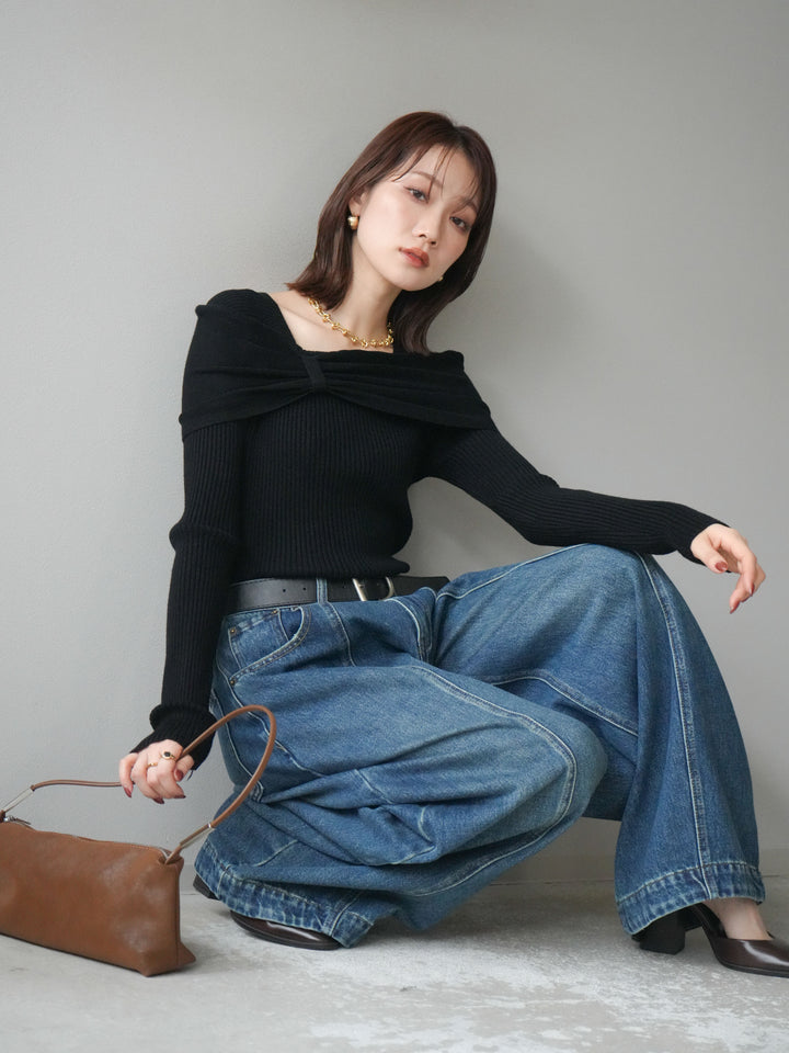 [予約]リボンモチーフオフショルリブニットトップス/black