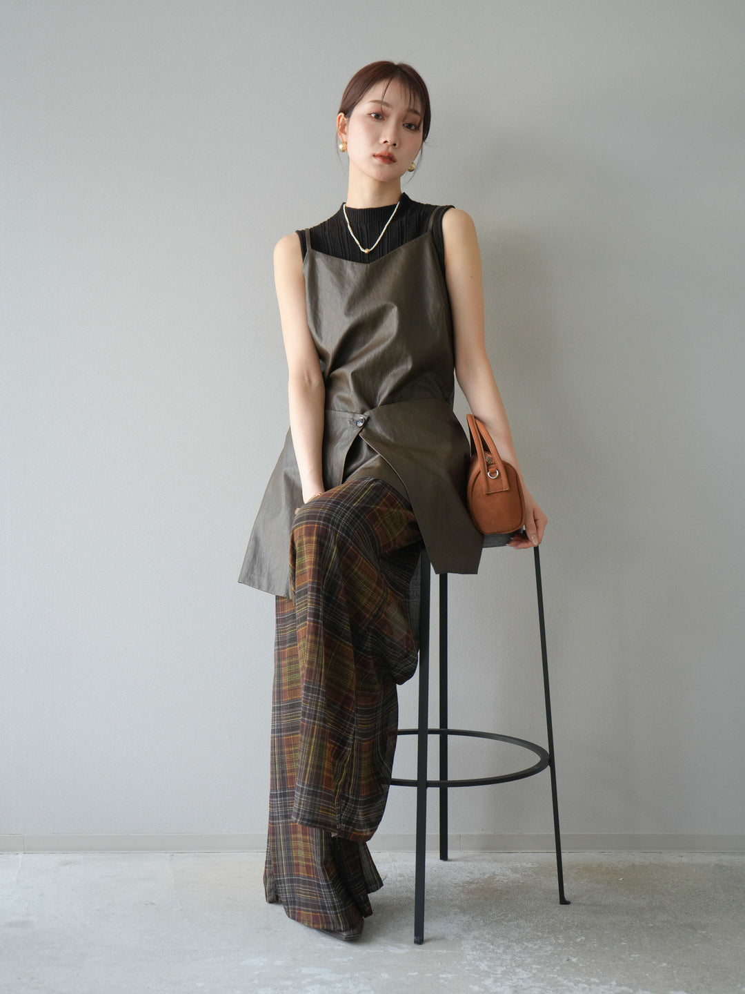 [予約]レイヤードレザーキャミソールチュニック/ブラウン