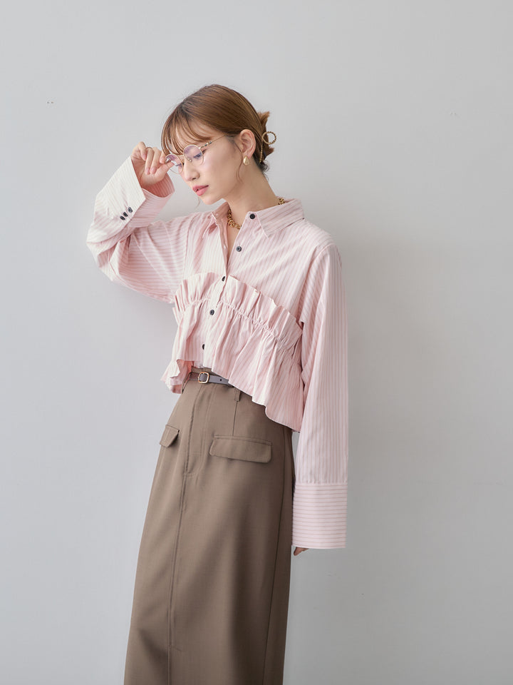 [SET]ストライプフリルシャツ+クレープデシンフラップ付きストレートスカート(2set)