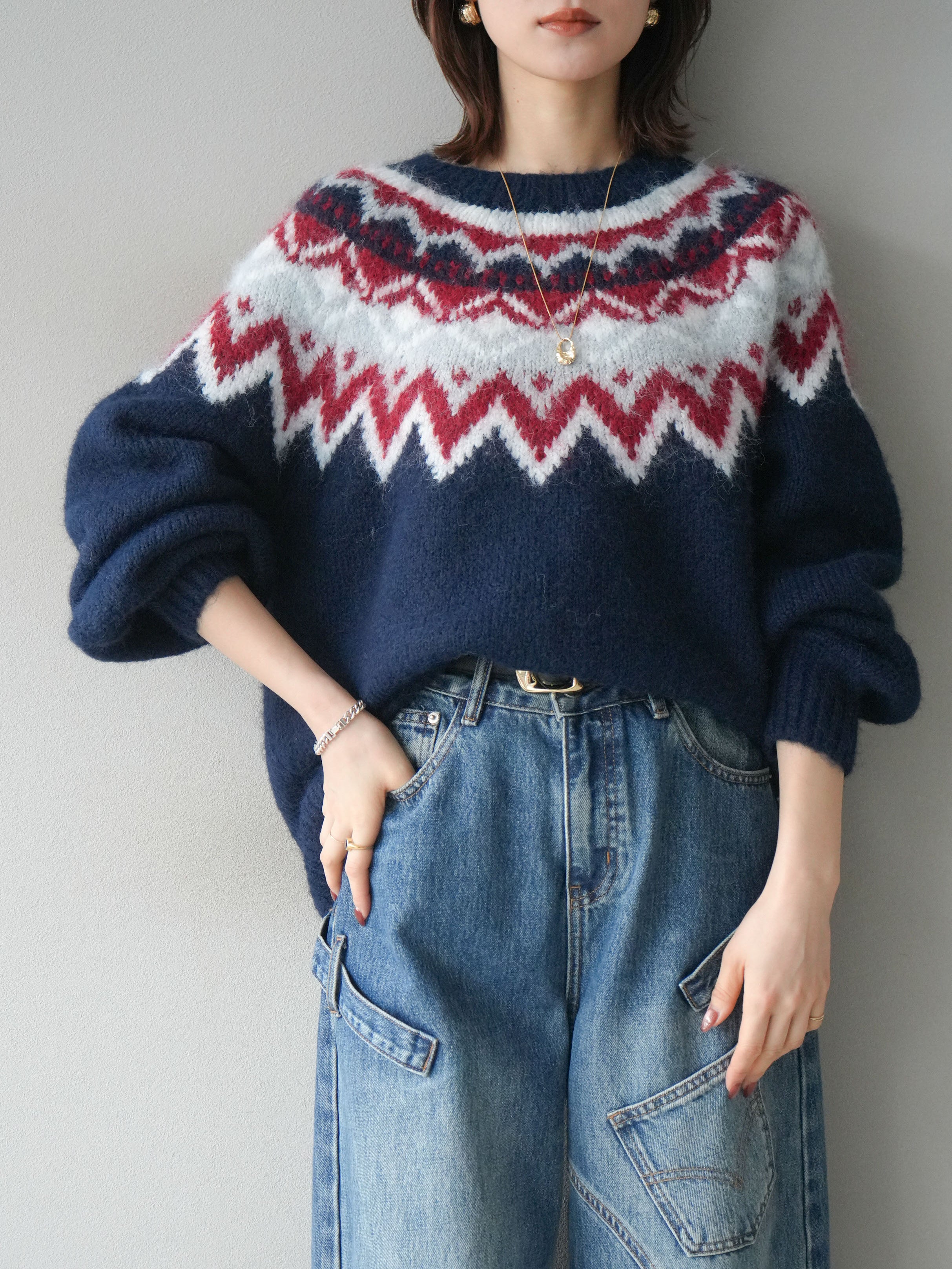 SET]求心柄オーバーニットプルオーバー+ペインターカーブデニムパンツ