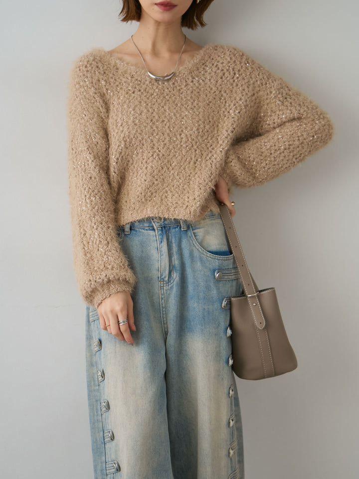 [予約]スパンラメシャギーVネックニットトップス/beige