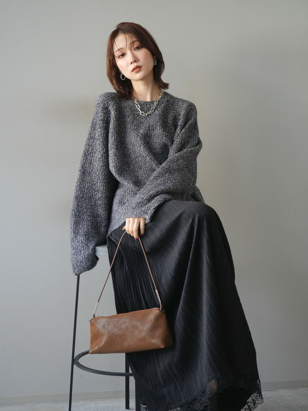 [予約]クルーネック畦編みミックスニット/navy