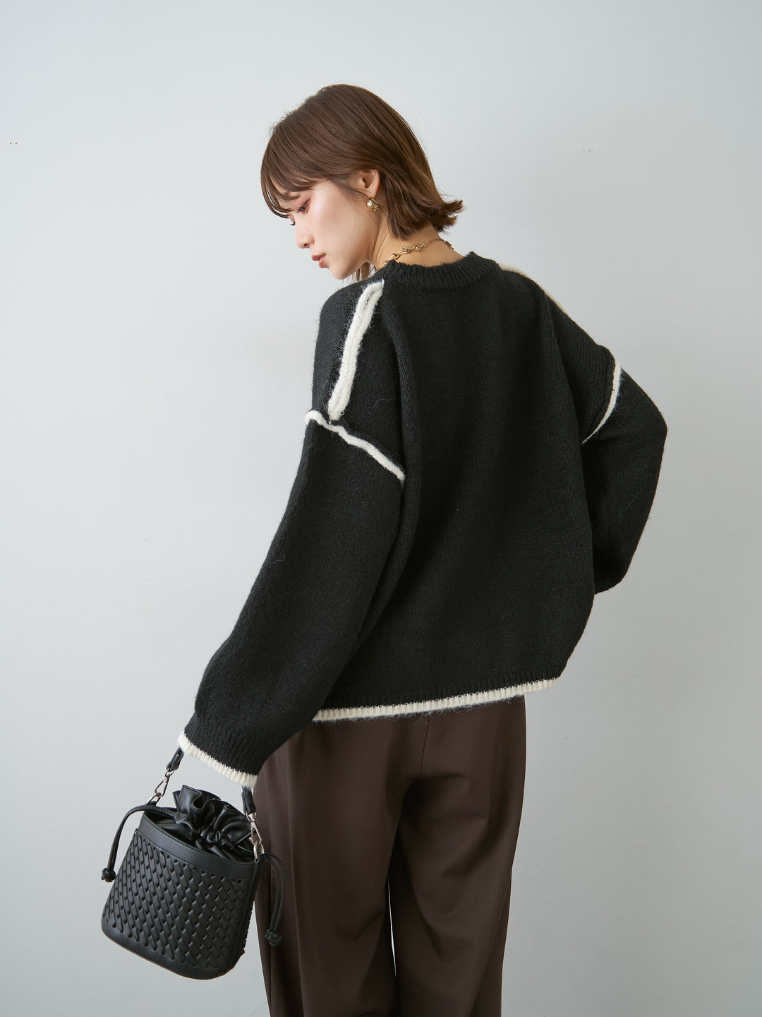 [SET]配色ラインデザインヘムニットプルオーバー+ツイルタックワイドパンツ(2set)