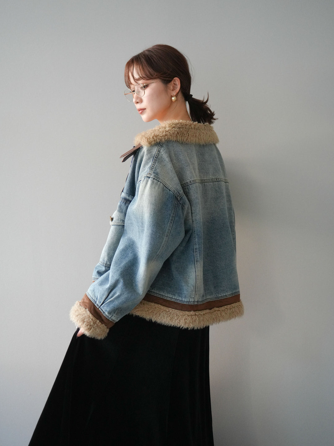 [予約]スタンドカラーファー×デニムジャケット/lightblue