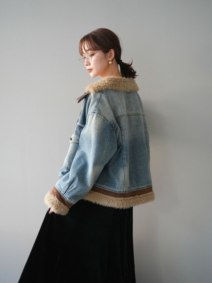 [予約]スタンドカラーファー×デニムジャケット/lightblue
