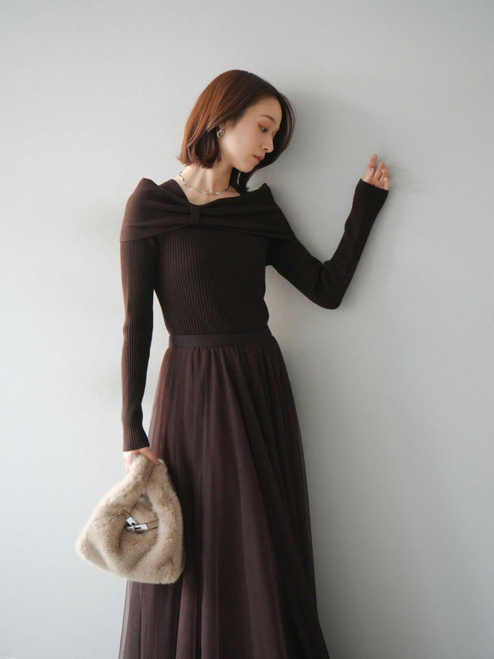 [予約]リボンモチーフオフショルリブニットトップス/brown