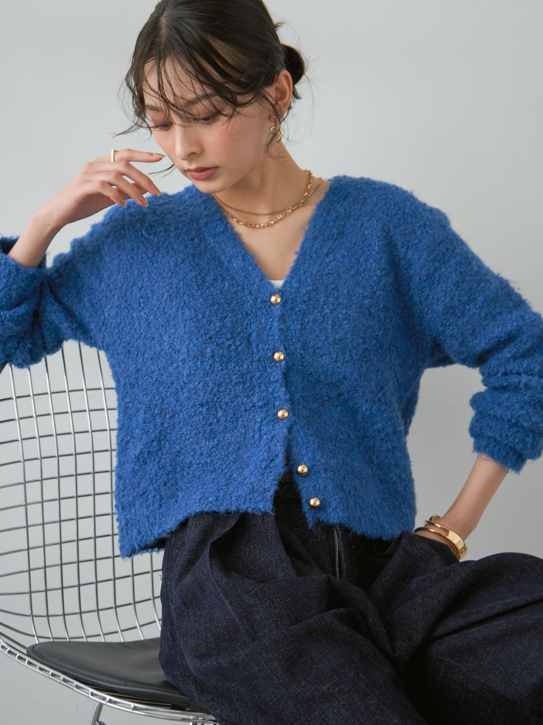 [SET]ゴールドボタンクロップニットカーディガン+選べるアクセセット(2set)