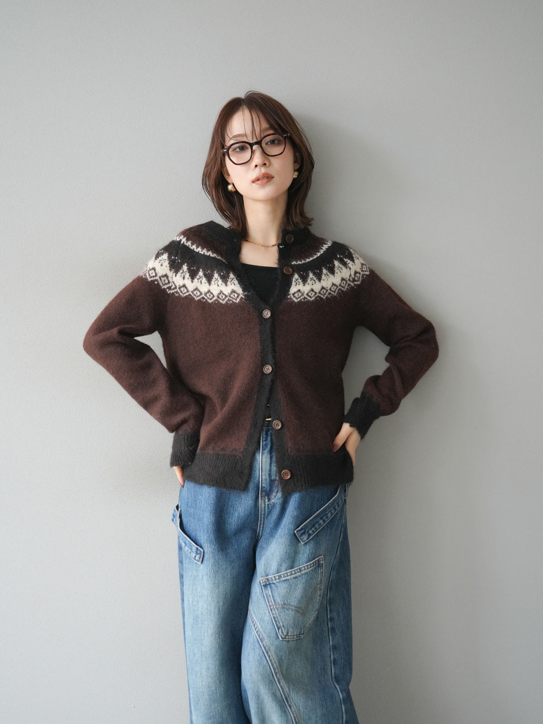 [SET]ノルディック柄ニットカーディガン+ペインターカーブデニムパンツ(2set)