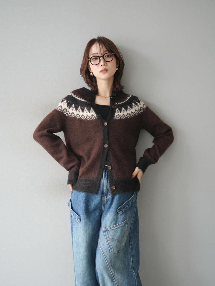 [SET]ノルディック柄ニットカーディガン+ペインターカーブデニムパンツ(2set)